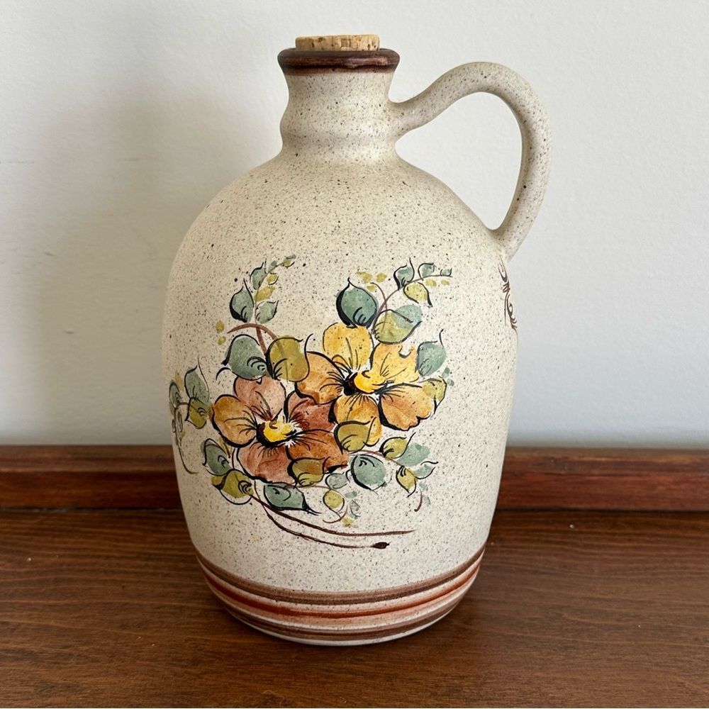 Vintage Stoneware Floral Jug with Cork Rustic Farmhouse Pottery Cottage Decor